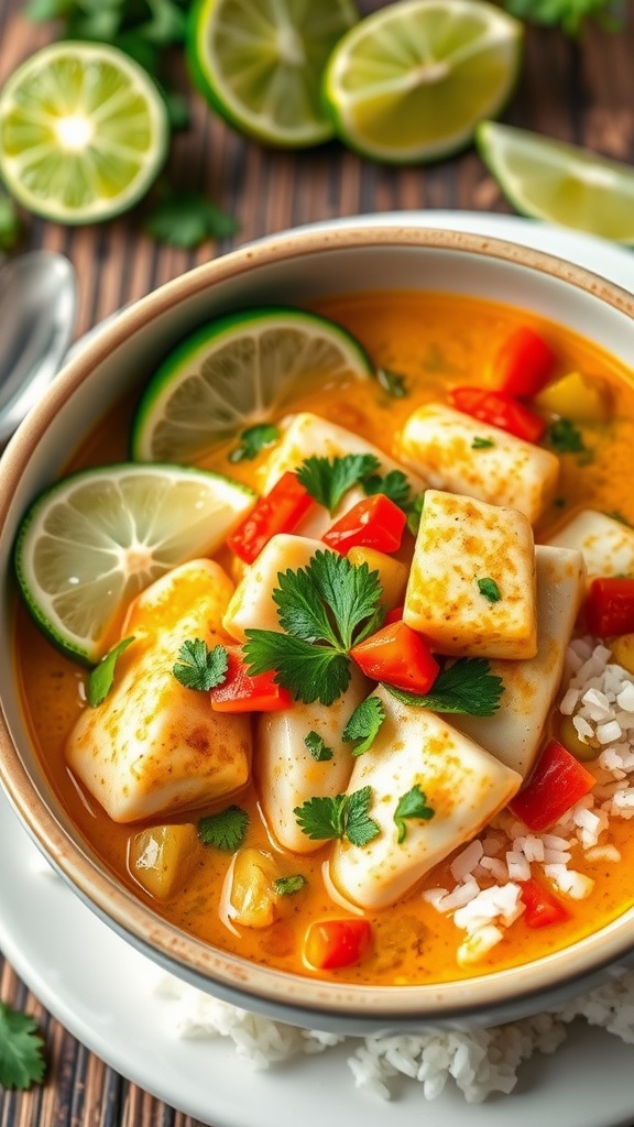 A bowl of Brazilian Tilapia Moqueca with tilapia in coconut broth, bell peppers, cilantro, served over rice.